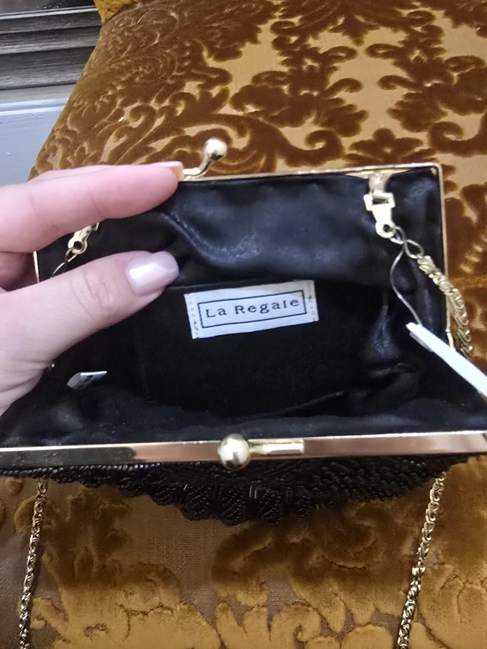 La Regale Black Beaded Shell Clutch with Gold Chain